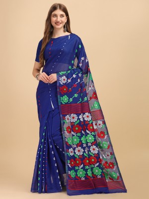 UNART CLOTHING Embroidered Jamdani Cotton Silk Saree(Blue)