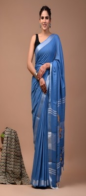 CRAFTWELL Printed Handloom Linen Saree(Light Blue)