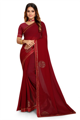 Ranagtrang Embellished, Solid/Plain Saree with Attached Blouse Georgette Saree(Maroon)