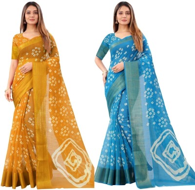 Ditvi Trenz Printed Bandhani Pure Cotton Saree(Pack of 2, Light Blue, Yellow)