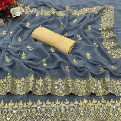 PRETTYAGE Embroidered, Self Design Bollywood Georgette, Silk Blend Saree(Grey)