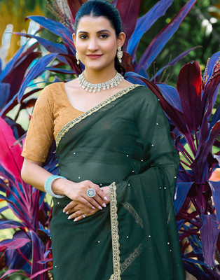 Samah Dyed, Embellished, Self Design Bollywood Net, Lace Saree(Green)