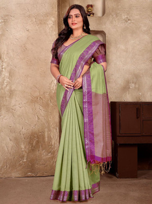 Manokamna Solid/Plain, Printed Handloom Cotton Linen Saree(Green)