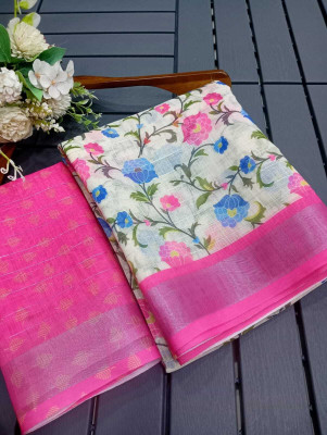 HangerStories Printed Kanjivaram Linen, Cotton Linen Saree(Pink)