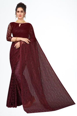 Vragi Floral Print Bollywood Net Saree(Pack of 2, Maroon)