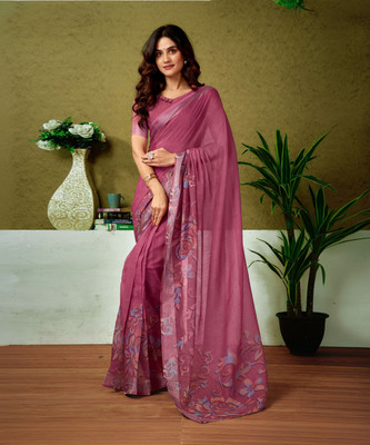 Satrani Digital Print, Floral Print, Printed Bollywood Linen Saree(Pink)