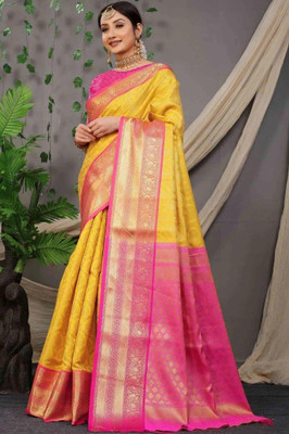 SGF11 Self Design Handloom Art Silk Saree(Yellow)