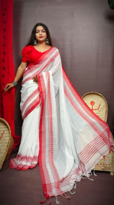RIDDHIMAN FASHION Self Design Handloom Cotton Silk Saree(White, Red)
