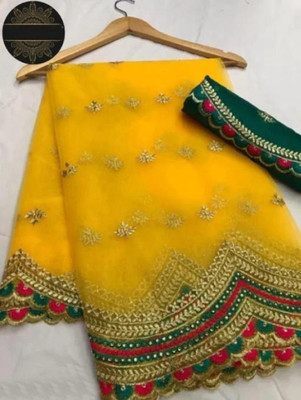 MANSIMART Embroidered Bhagalpuri Cotton Silk, Net Saree(Yellow)