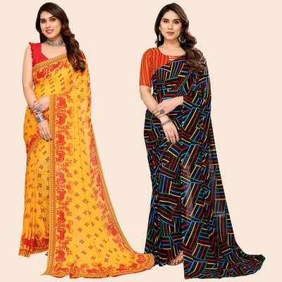 kashvi sarees Self Design, Printed Daily Wear Georgette Saree(Pack of 2, Yellow, Red, Multicolor)