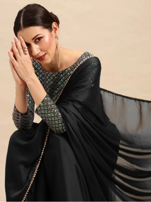 Clothestic Solid/Plain Bollywood Georgette Saree(Black)