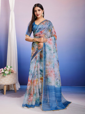 Tasrika Floral Print, Printed Bollywood Organza Saree(Blue)