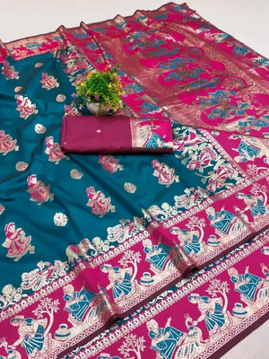 KanjiQueen Embellished Baluchari Silk Blend, Pure Silk Saree(Dark Blue, Pink)