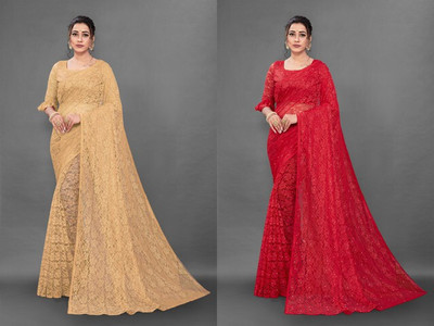 Paanthcreation Self Design Bollywood Net Saree(Pack of 2, Red, Gold)