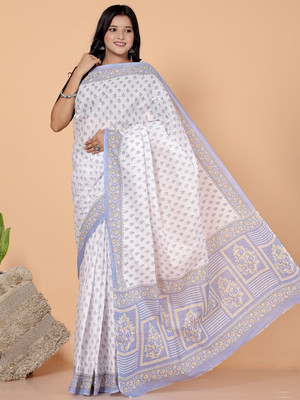 Jevi Prints Blocked Printed Daily Wear Pure Cotton Saree(White, Purple)