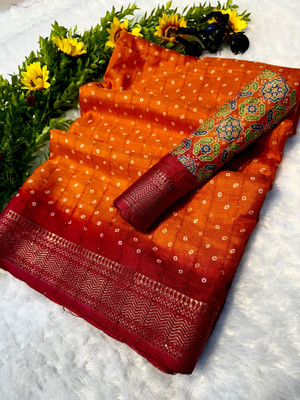 Anuradha Enterprise Floral Print, Embellished Bandhani Silk Blend Saree(Orange, Red)
