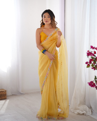 Divastri Embellished, Solid/Plain Bollywood Tissue Saree(Yellow)