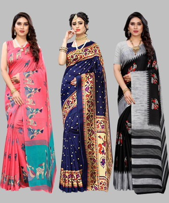 Priyashi Printed, Paisley, Floral Print Mysore Art Silk Saree(Pack of 3, Pink)