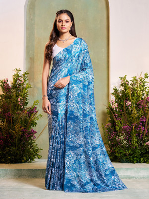 GARDEN VARELI Floral Print Daily Wear Silk Blend Saree(Blue)