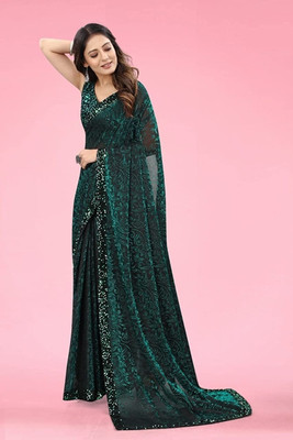 HouseOfCommon Embellished Bollywood Lycra Blend Saree(Green)