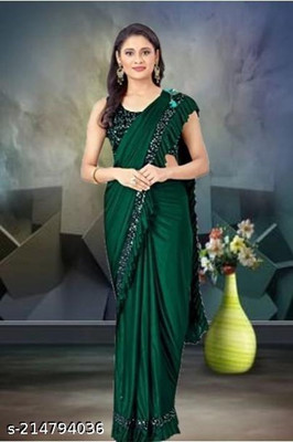 WOSTON Solid/Plain Bollywood Lycra Blend Saree(Green)