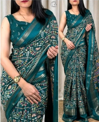 Ridham Printed Kalamkari Silk Blend Saree(Light Green)