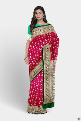 SHRI NAARI Woven Banarasi Silk Blend Saree(Pink, Green)