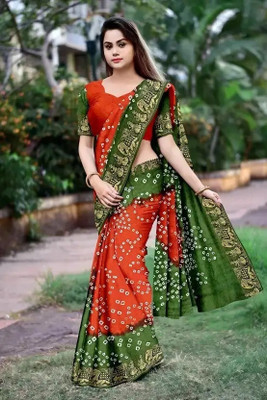 rajranitextiles Printed Bandhani Georgette Saree(Orange, Green)