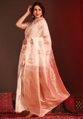 SetuMaalik Woven, Self Design, Solid/Plain, Striped, Embellished Banarasi Silk Blend, Jacquard Saree(White)