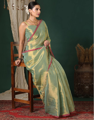 Satrani Solid/Plain, Embellished Bollywood Tissue, Cotton Blend Saree(Green)