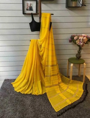 NIBEDITAS CREATION Striped Handloom Cotton Blend Saree(Yellow)