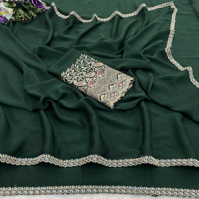 K 5 FASHION Embellished, Solid/Plain Bollywood Chiffon Saree(Dark Green)