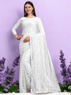 NORAFLEX Embroidered Bollywood Net Saree(White)