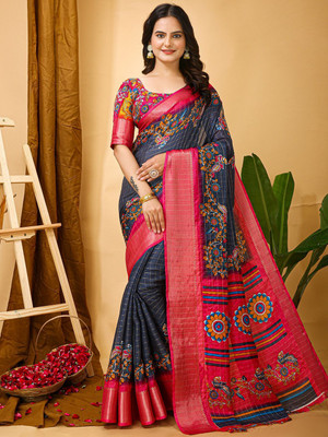 Anouk Rustic Printed Hand Batik Cotton Blend Saree(Grey)