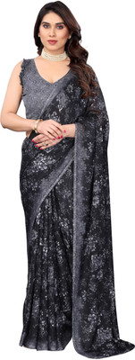 AMBUJAINTERNATIONAL Printed Bollywood Georgette Saree(Black)