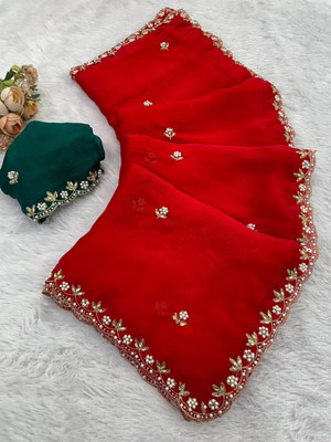 MANIBAA CLOTHING Embroidered Bollywood Chiffon Saree(Red)