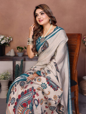Sarly Printed Bollywood Cotton Blend Saree(Cream)