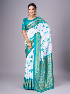 Sanjana Silks Printed Chanderi Art Silk Saree(White, Dark Blue)