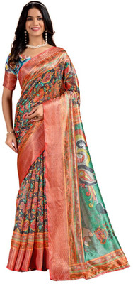 Mirthika Text Floral Print Assam Silk Silk Blend Saree(Multicolor)