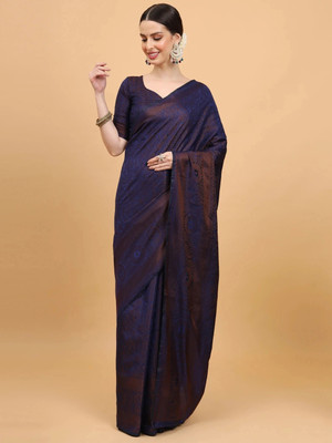 SHRIMAY Woven Kanjivaram Silk Blend Saree(Dark Blue)