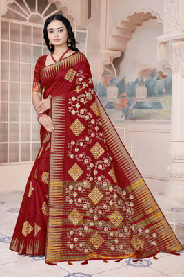 Paul Sharee Centre Embroidered Banarasi Silk Blend Saree(Maroon)