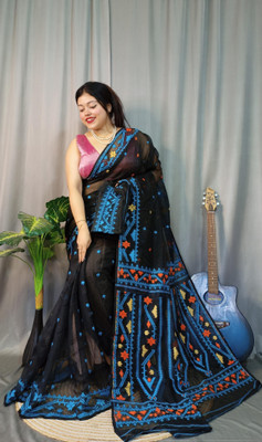Pasum's Embroidered, Self Design Jamdani Pure Cotton Saree(Black, Blue)