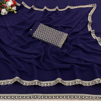 V AMAN FASHION Solid/Plain, Self Design Bollywood Georgette Saree(Dark Blue)