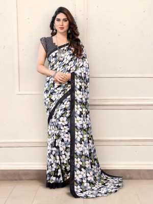 Divastri Floral Print Bollywood Georgette Saree(Black, White, Green)