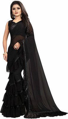 Glamour Hub Solid/Plain, Printed Daily Wear Georgette, Satin Saree(Black)