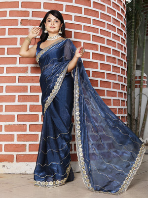 ANOUK Embroidered Saree with Attached Blouse Organza Saree(Blue)