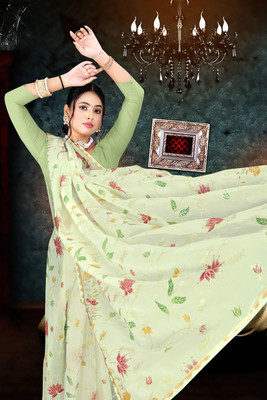 FABGEETRAJ Printed Bollywood Chiffon Saree(Light Green)