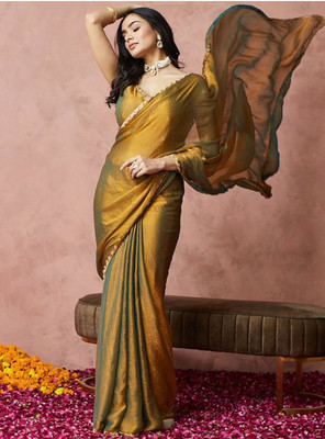 HK SHOPEE Solid/Plain Bollywood Chiffon Saree(Gold)