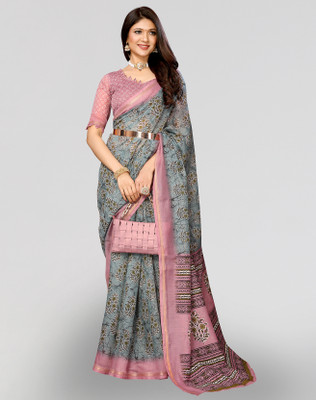 Nirvaan Printed Bollywood Cotton Linen Saree(Grey)