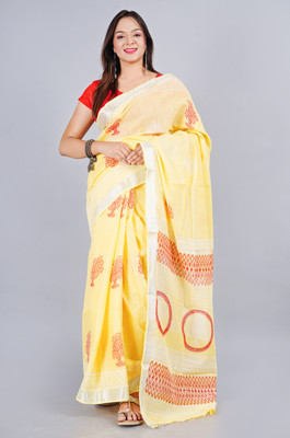 MOLLAR Hand Painted Handloom Cotton Linen Saree(Yellow)